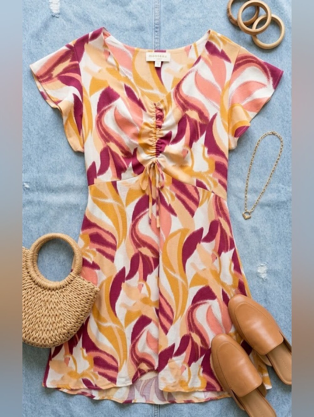Monteau Ruched Cinch Front Dress Flowy Romantic Sun Dress Boho Brunch Flutter